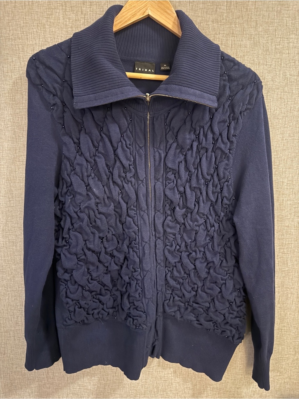 Tribal Navy Blue Ruched Beaded Zip Front Cardigan XL Textured Knit Jacket